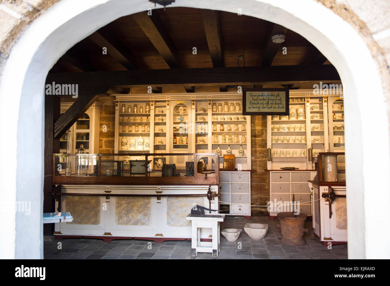 Old pharmacy museum display inside Fort Zeelandia, built in 1651, Paramaribo, Suriname Stock Photo