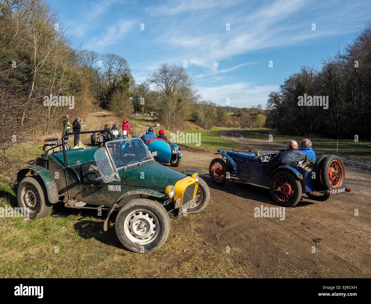 Old vintage cars competing in hill climb trials off road in Derbyshire