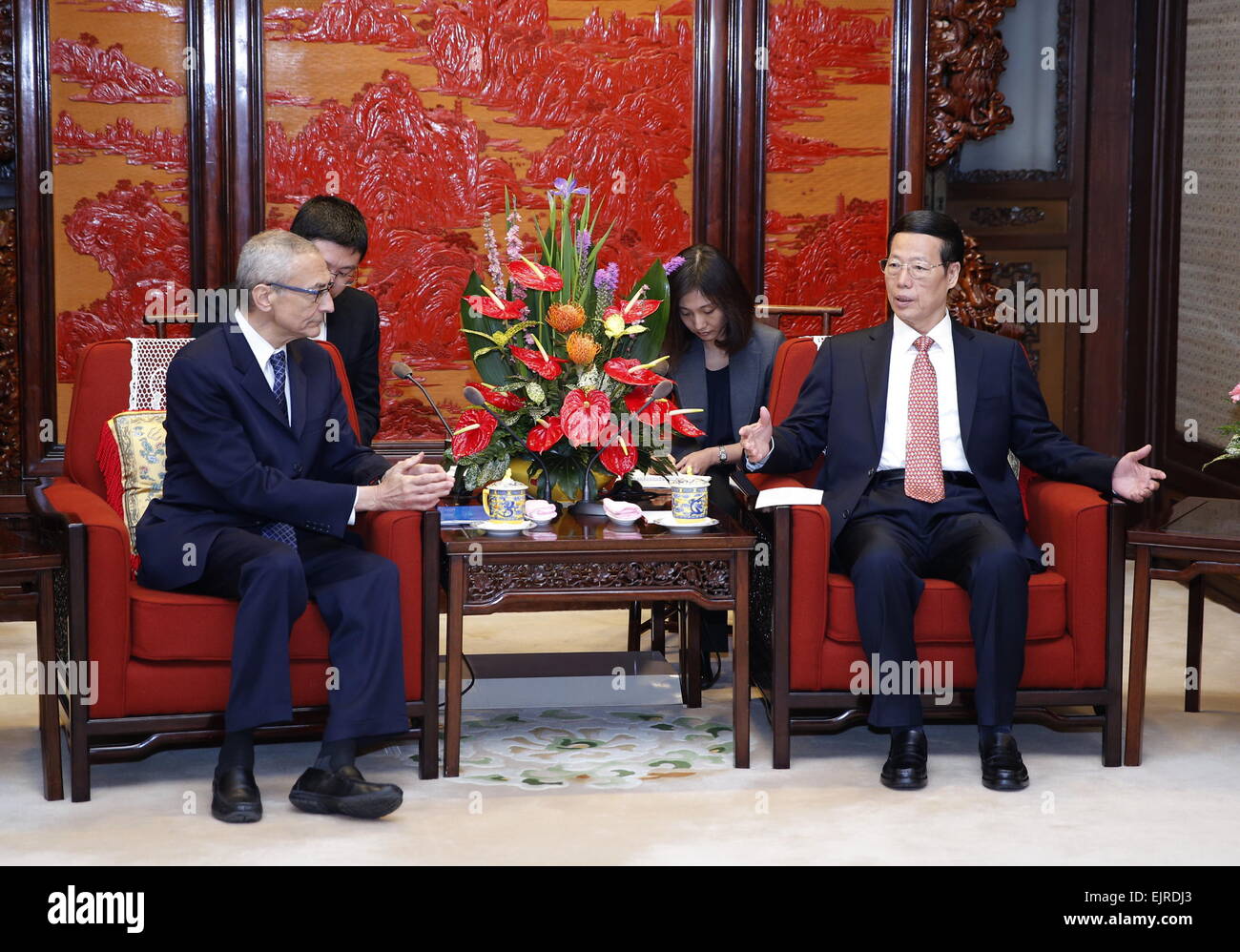Beijing, China. 31st Mar, 2015. Chinese Vice Premier Zhang Gaoli (R) meets with a delegation from the the Center for American Progress(CAP) of the United States led by John Podesta (L), founder of the CAP and former chief of staff to then U.S. President Bill Clinton, in Beijing, capital of China, March 31, 2015. © Ju Peng/Xinhua/Alamy Live News Stock Photo