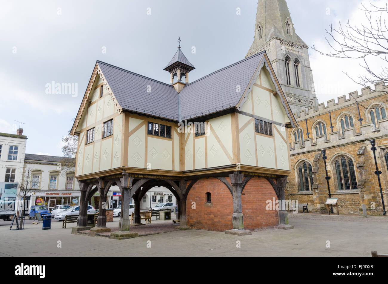 The timber-framed Old Grammar School building in the Leicestershire town of Market Harborough Stock Photo