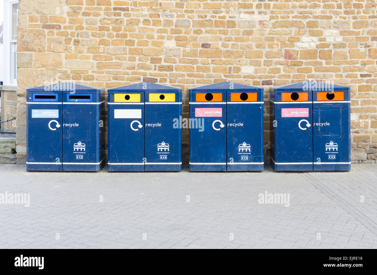Row of blue public recycling bins in Market Harborough, Leicestershire