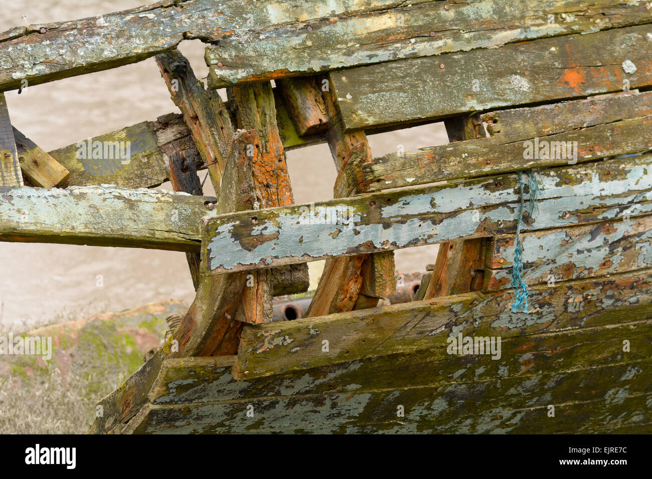 Derelict wooden boat rotting with flaking paint on River Taw