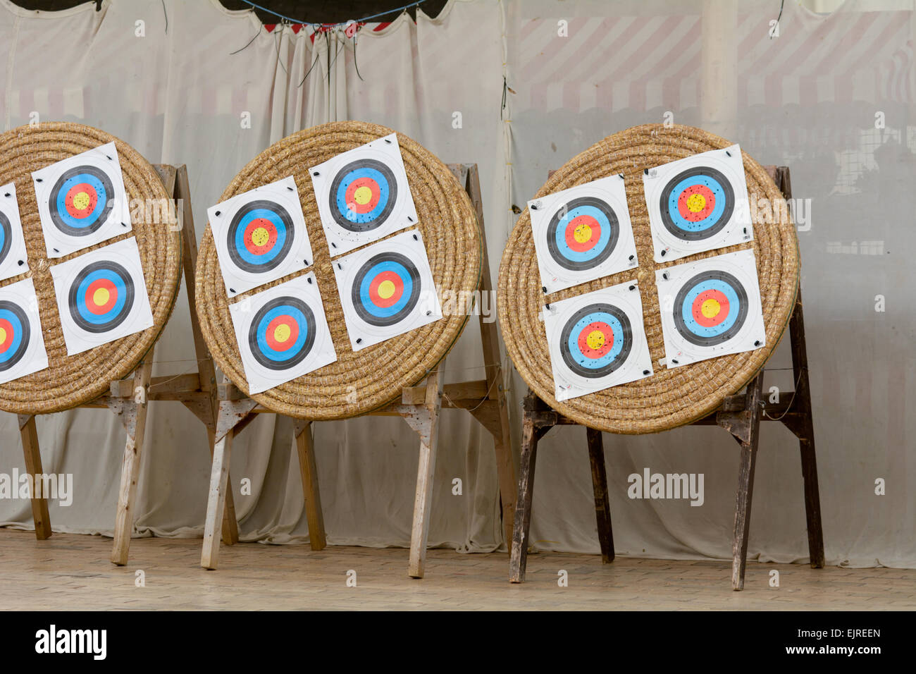 Archery targets setup for use in Bideford Pannier Market in Bideford