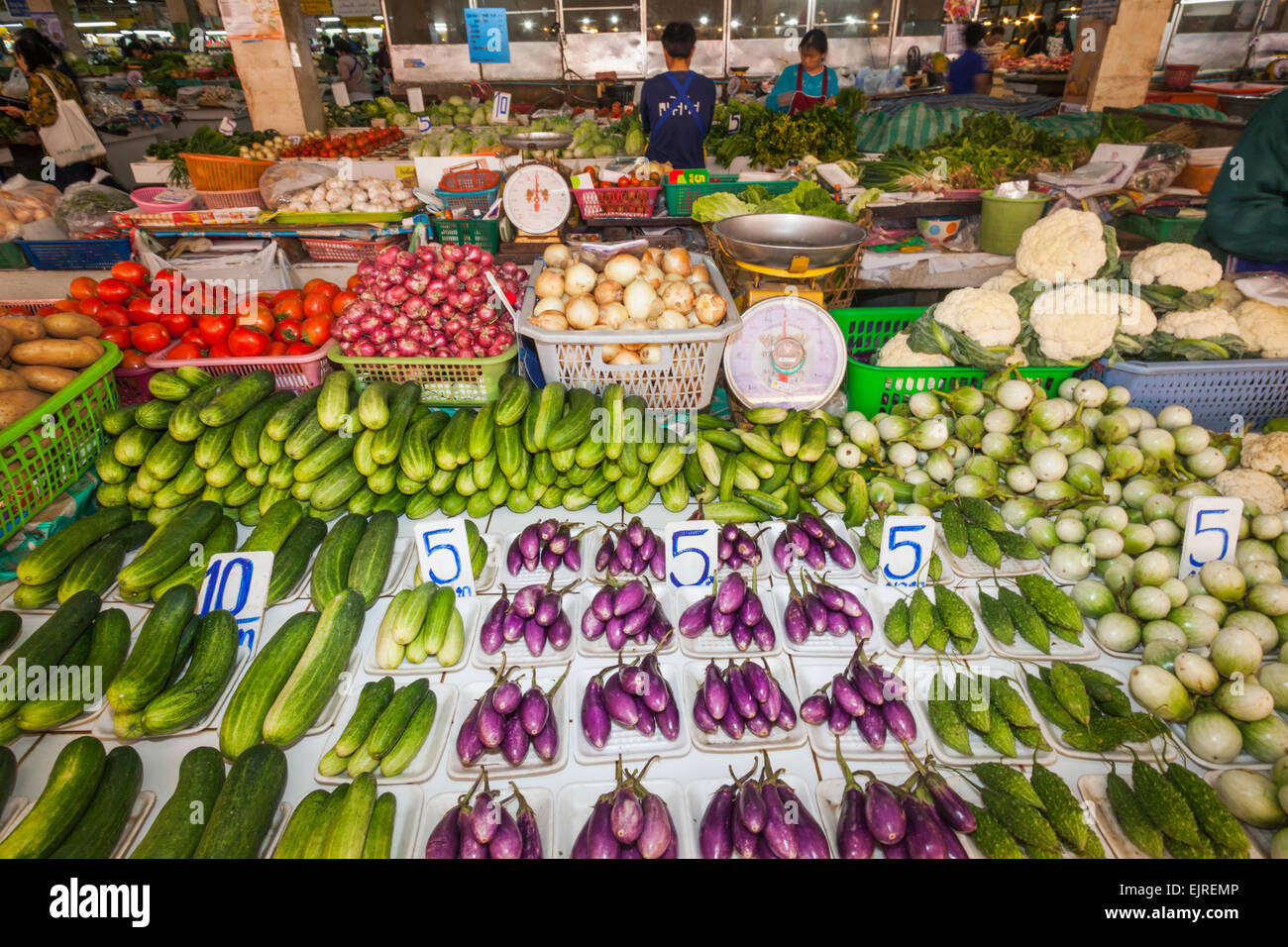 Thailand, Chiang Mai, Warorot Market, Vegetable Stall Display Stock Photo