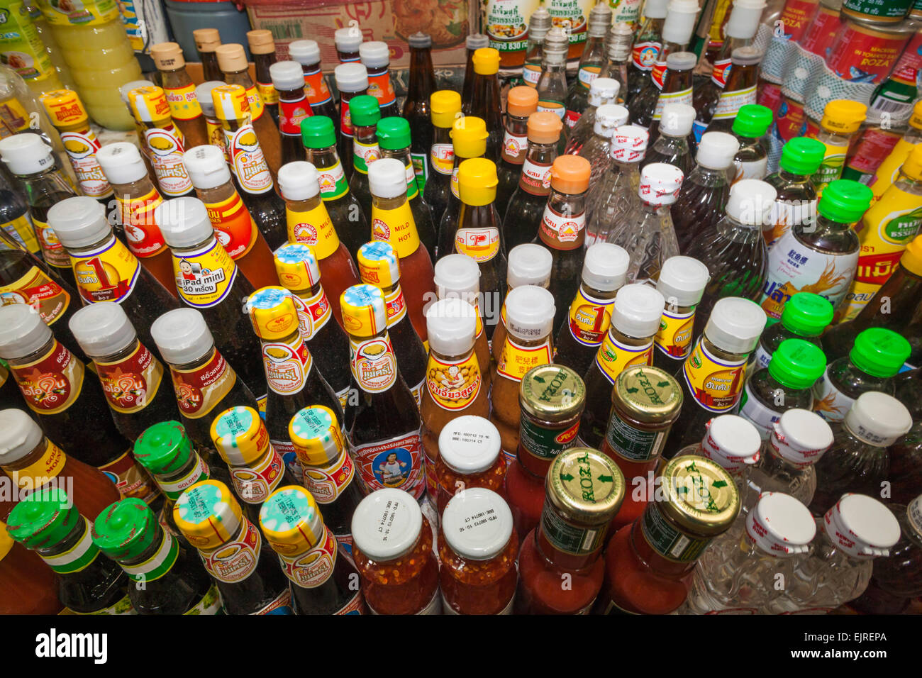 Thailand, Chiang Mai, Warorot Market, Display of Cooking Sauces Stock Photo