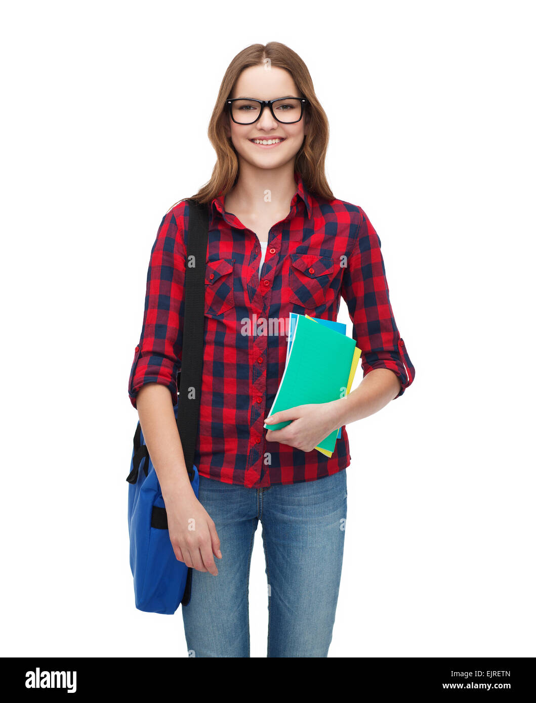 smiling female student with bag and notebooks Stock Photo - Alamy