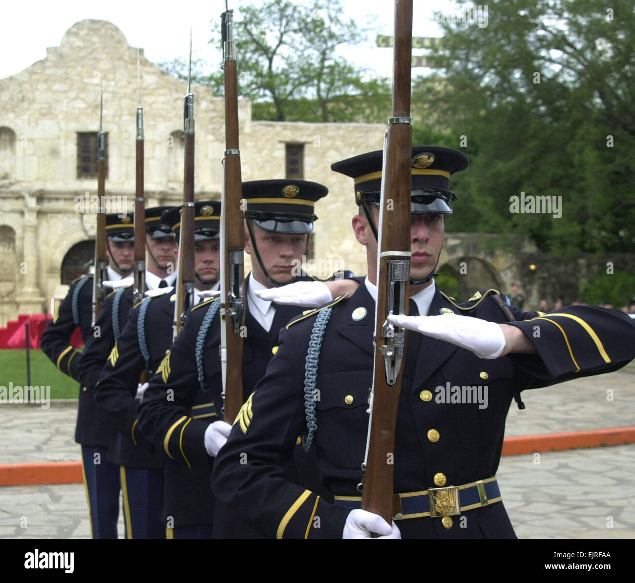 The Old Guard does some precision drill movements at the Alamo in San Antonio on Fiesta Day. Stock Photo