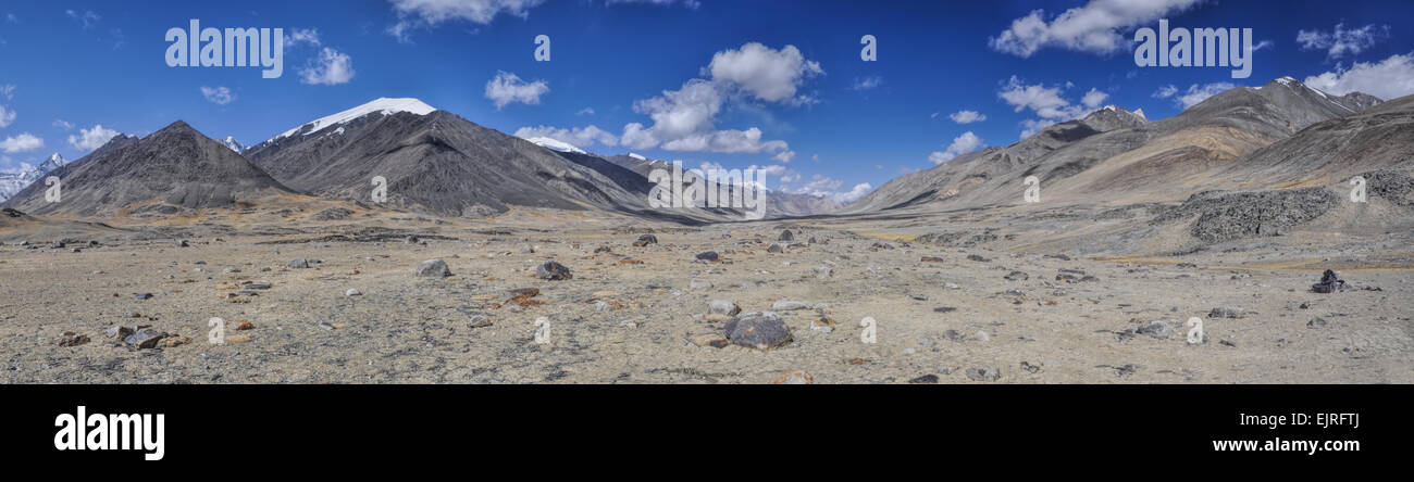 Scenic panorama of cold arid landscape in Tajikistan on sunny day Stock Photo