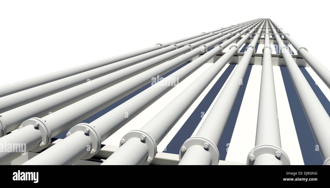 Many industrial pipes stretching into distance. Isolated Stock Photo