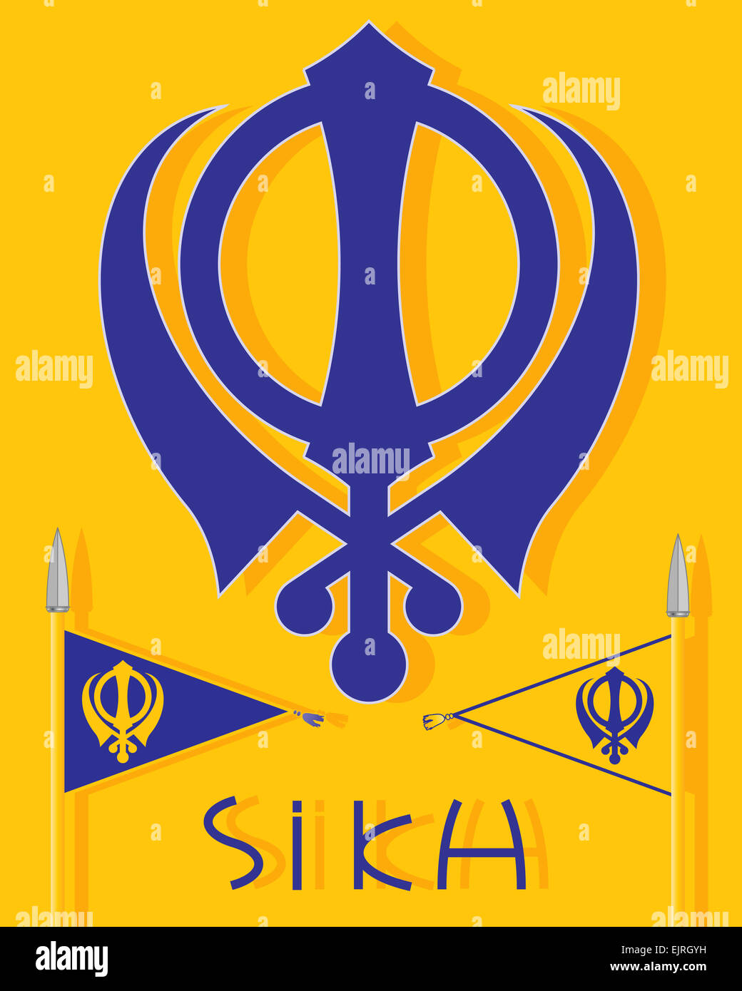 an illustration of Sikh insignia with military emblem the Nishan Sahib flags and the word Sikh on a saffron background Stock Photo
