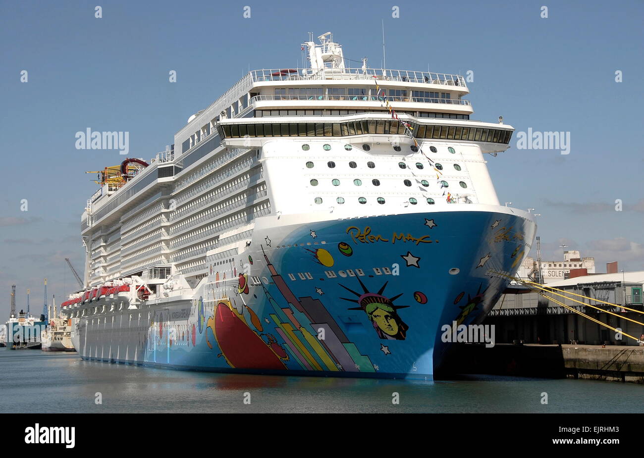 AJAXNETPHOTO. - 30TH APRIL, 2013. SOUTHAMPTON, ENGLAND. - POP ART CRUISE SHIP - NORWEGIAN CRUISE LINE'S NORWEGIAN BREAKAWAY, ITS HULL DECORATED WITH A DESIGN BY ARTIST PETER MAX, PREPARES FOR MAIDEN VOYAGE. PHOTO; TONY HOLLAND/AJAX REF:STR3673 Stock Photo