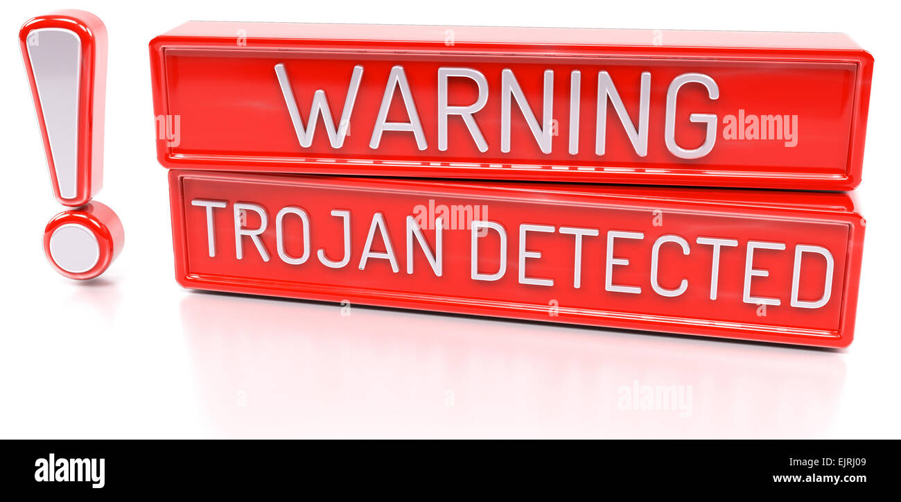 Warning Trojan Detected 3d banner, isolated on white background Stock