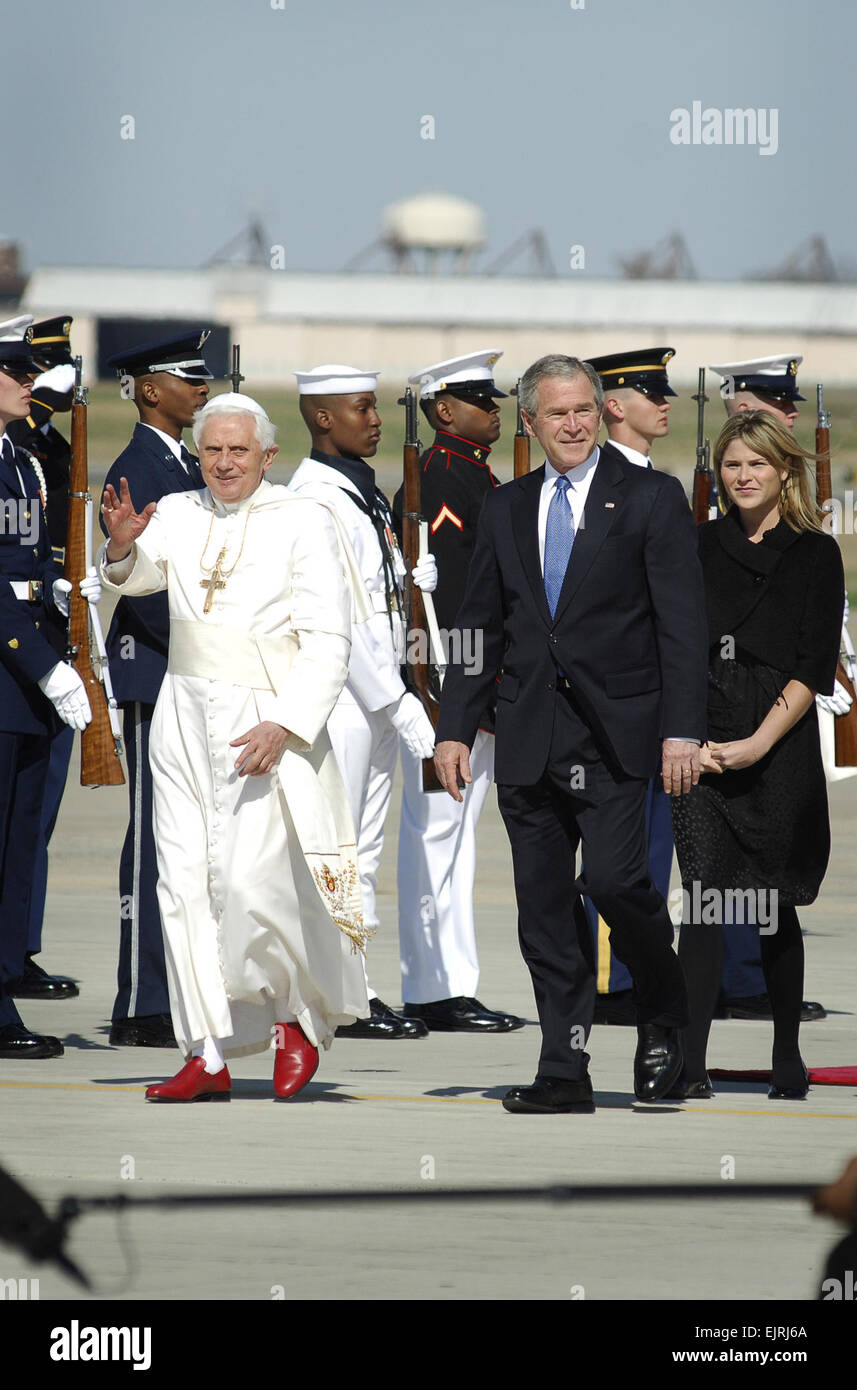 President George W. Bush and Laura Bush escort Pope Benedict XVI at Andrews Air Force Base, Md., April 15, 2008, to begin his weeklong trip to the United States. The Pontiff, selected as the 265th pope April 19, 2005, will meet with the President at the White House, address the presidents of Roman Catholic Colleges and Universities, and hold mass at the Nationals Park in Washington, D.C., and Yankee Stadium in New York City.   Tech Sgt. Suzanne M. Day Released Stock Photo