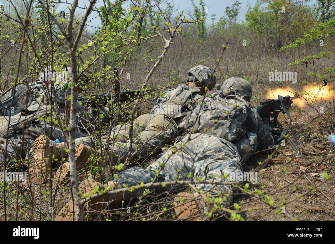 Soldiers of 1st Platoon, Company B, 2nd Battalion, 9th Infantry Regiment, 1st Armored Brigade Combat Team, 2nd Infantry Division, fire the M240B machine gun on their objective at a platoon live fire exercise Feb. 15, 2013, during the annual exercise Cobra Gold in Dan Ban Lan Hoi, Kingdom of Thailand.  Capt. Lindsey Elder, 1st ABCT PAO Stock Photo