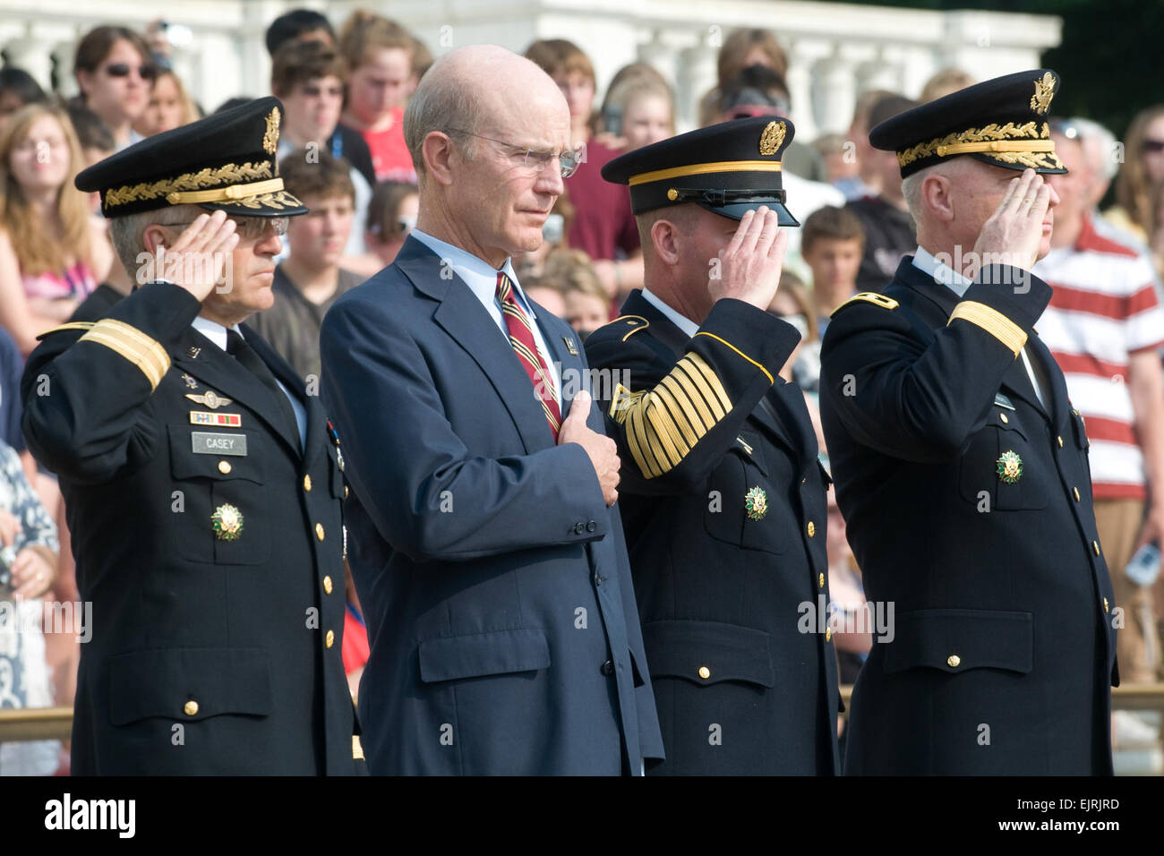 left to right Chief of Staff of the Army Gen. George Casey, Secretary of the Army Pete Geren, Sgt. Maj. of the Army Kenneth Preston and Maj. Gen. Galen Jackman salute while taps is being played for the Army's 233rd birthday tribute at Arlington National Cemetery, VA, June 14, 2008.  The U.S. Congress adopted 'the American continental army' on June 14, 1775. Army photo by D. Myles Cullen released Stock Photo