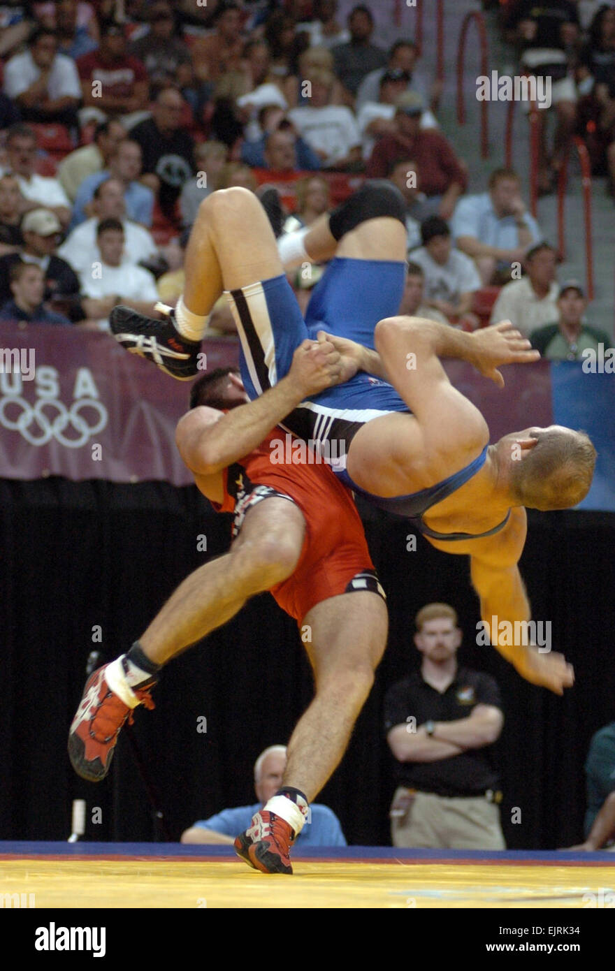 Army Wrestler Earns Greco-Roman Berth in Beijing Olympics  Tim Hipps June 23, 2008  In the final wrestling tournament of his career, Staff Sgt. Keith Sieracki throws U.S. Army World Class Athlete Program teammate Sgt. Jess Hargrave during their 74-kilogram Greco-Roman match in the 2008 U.S. Olympic Team Trials for Wrestling June 14 at the University of Nevada, Las Vegas' Thomas &amp; Mack Center.   see: /-news/2008/06/23/10283-army-wrestler-earns-g...  /-news/2008/06/23/10283-army-wrestler-earns-greco-roman-berth-in-beijing-olympics/ Stock Photo