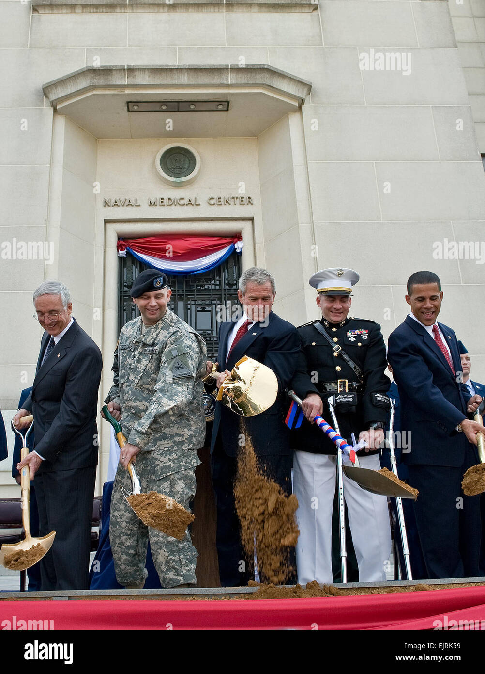 President of the United States George W. Bush and other Defense Department officials break ground for the new Walter Reed National Military Medical Center during a ceremony held at Bethesda Naval Hospital in Maryland July 3, 2008.  Tech. Sgt. Jerry Morrison. Released Stock Photo