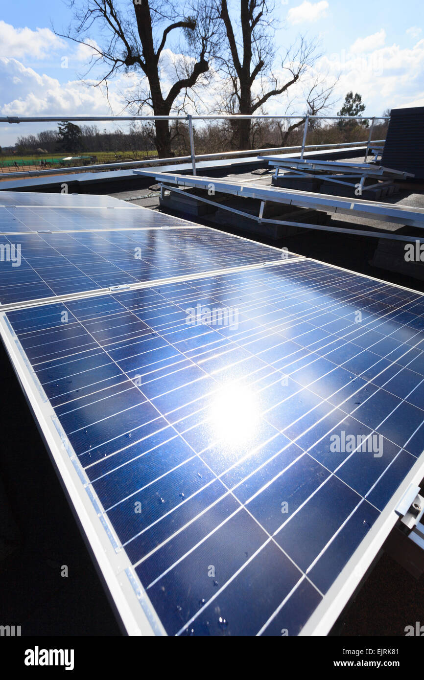 sun reflecting off photovoltaic cell  panels Stock Photo