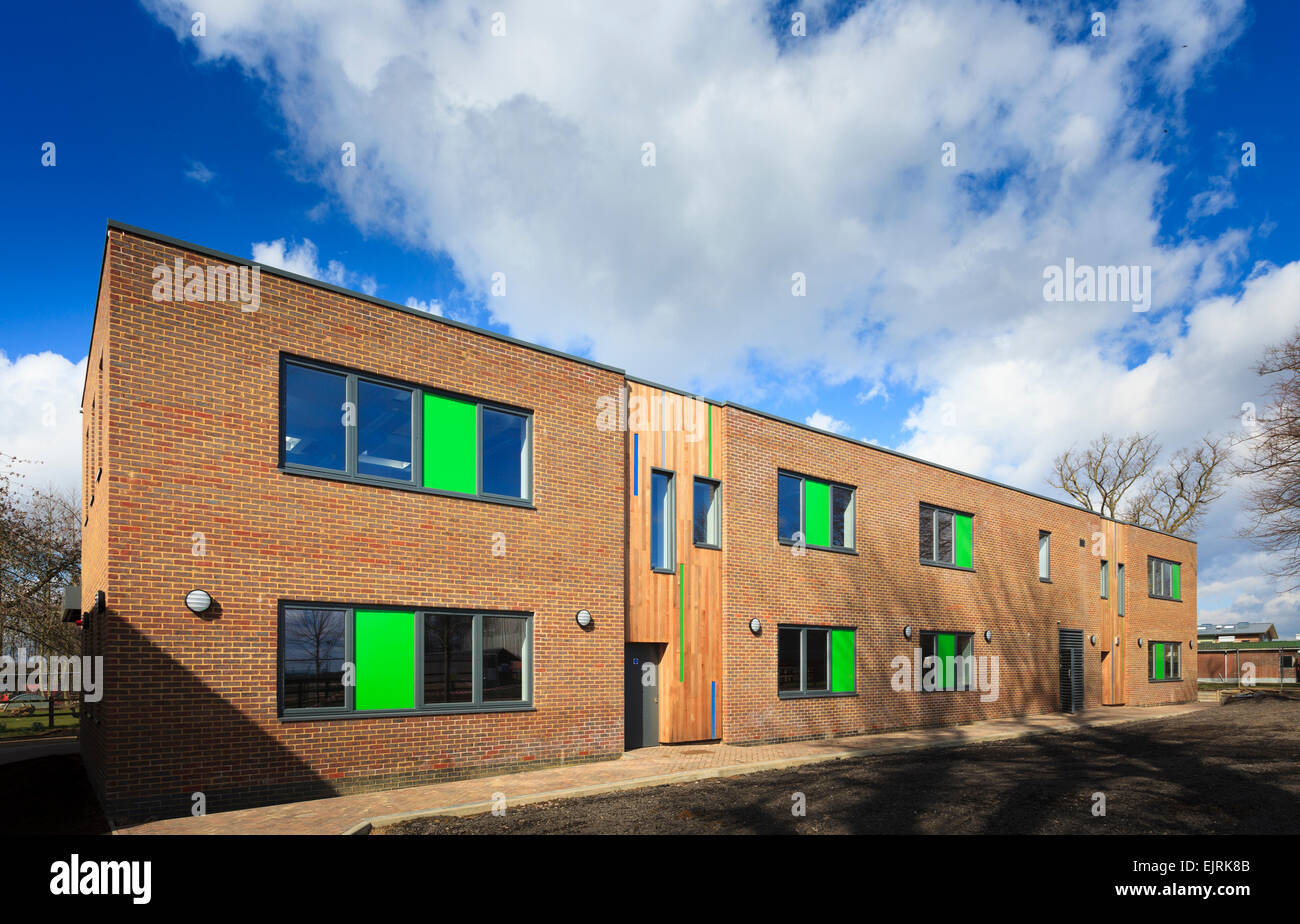 Modern timber clad and brick college building Stock Photo