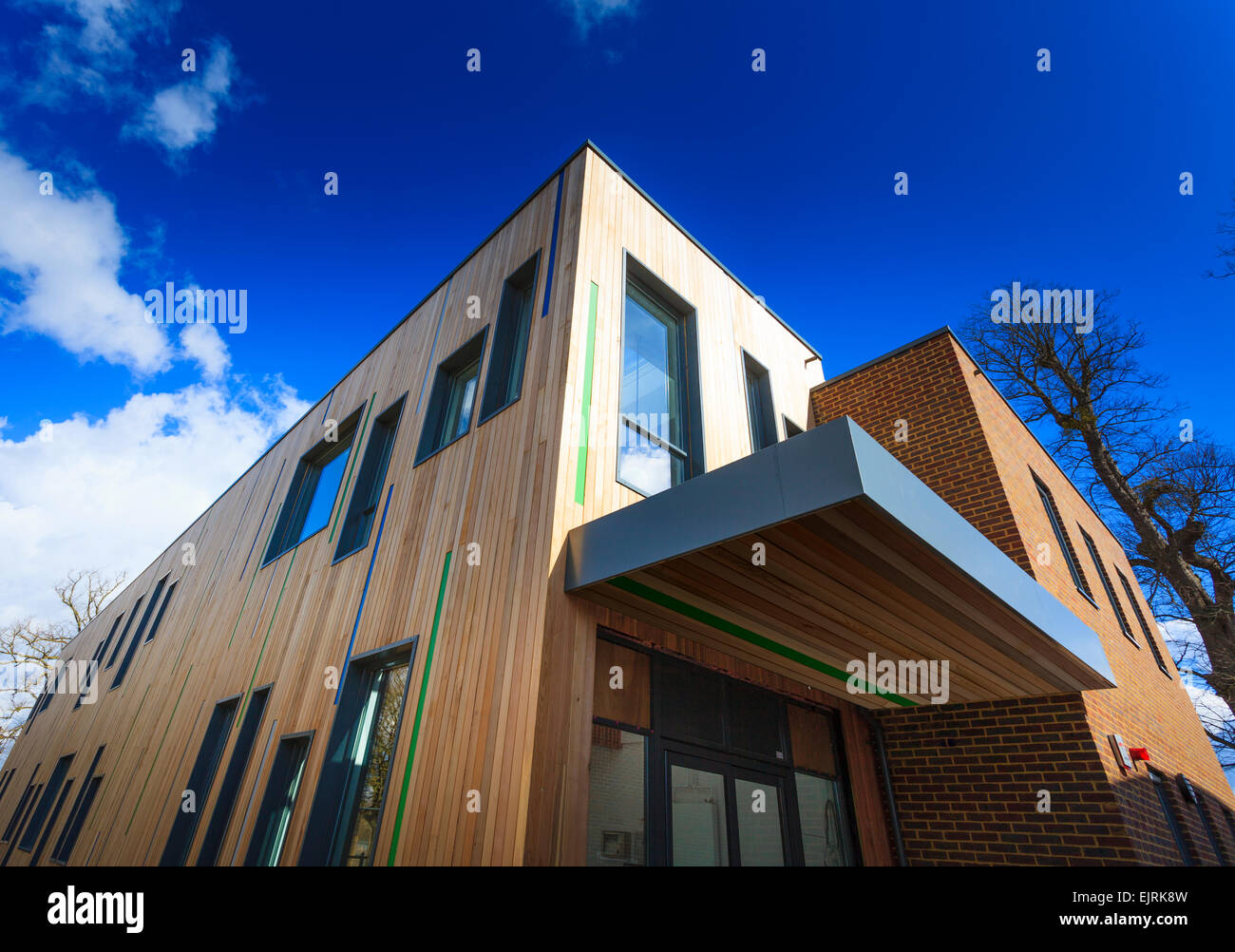 Modern timber clad college building Stock Photo