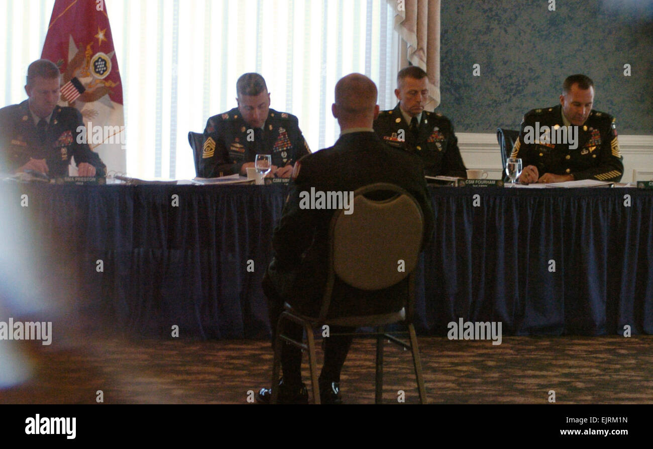Spc. David Obray answer questions during the Command Sergeants Major board appearance on Monday, Sept. 29, 2008. Obray is representing the Army Reserve in the Dept. of the Army NCO and Soldier of the Year &quot;Best Warrior&quot; Competition at Fort Lee, Va., Sept. 28 - Oct. 3, 2008.  Army 2008 Best Warrior Competition  /bestwarrior/2008/ Stock Photo
