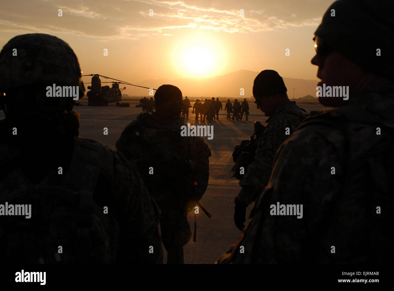 Soldiers from A Co., 101st Division Special Troop Battalion prepare to board a Chinook for an air assault mission Nov. 1 at Bagram Air Field, Afghanistan. Stock Photo