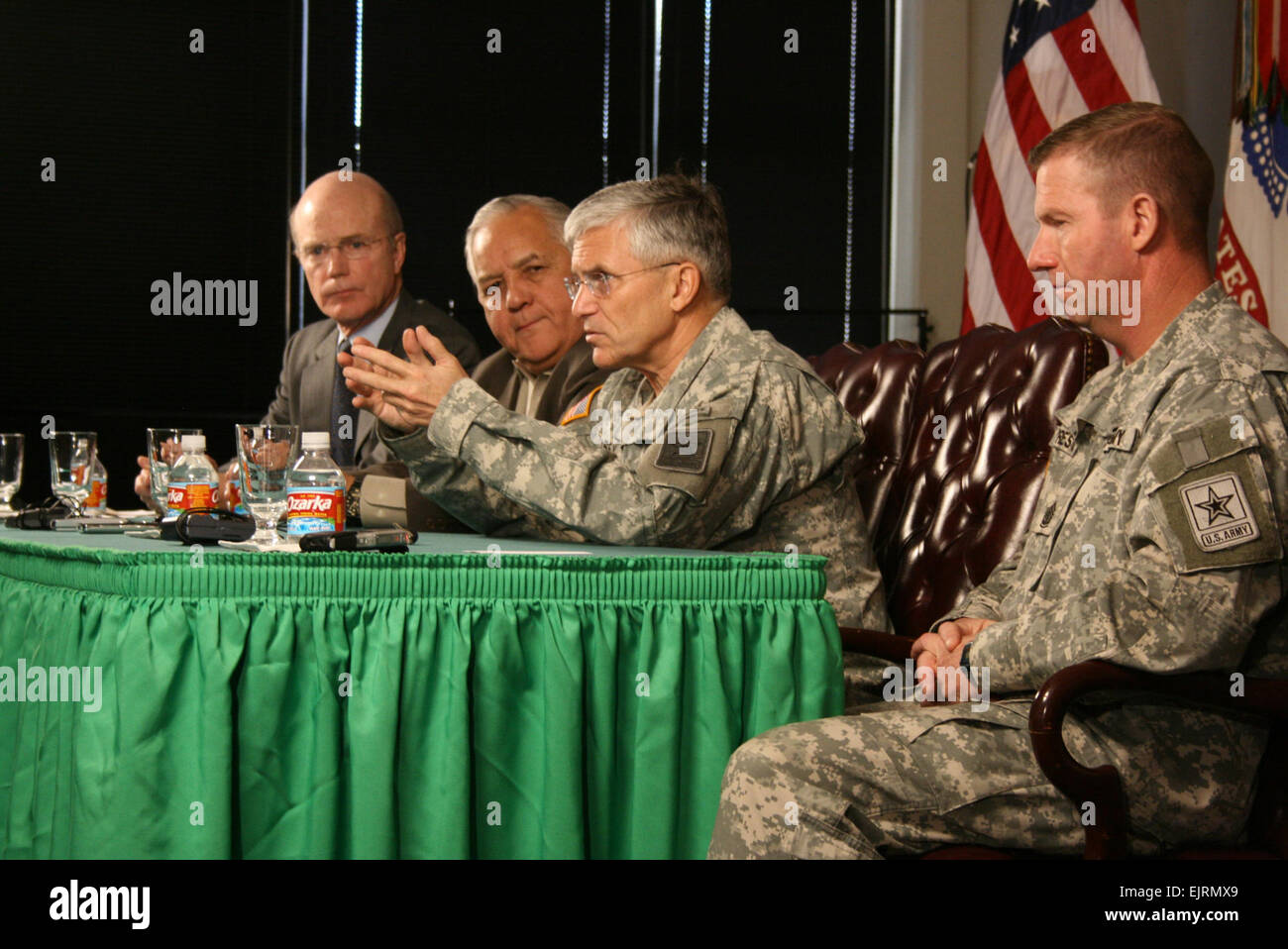 From left to right Secretary of the Army Pete Geren, U.S. Congressman Silvestre Reyes, Chief of Staff of the Army Gen. George W. Casey Jr., and Sergeant Major of the Army Kenneth O. Preston announce the Year of the Noncommissioned Officer during a press conference held Jan. 5 at the Sergeants Major Academy at Fort Bliss, Texas. Stock Photo