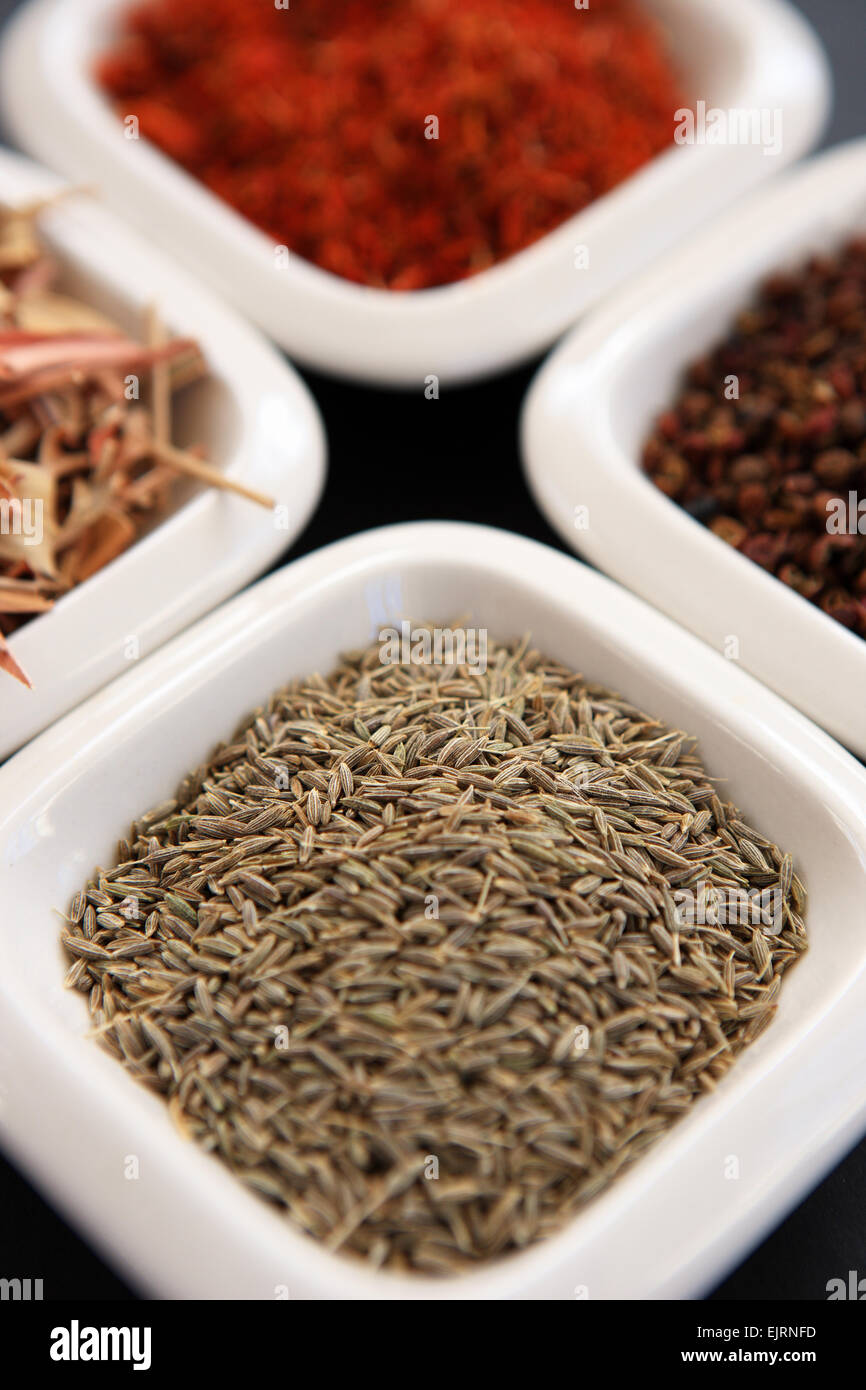 Cumin seeds in a small white dish with, going clockwise from the cumin seeds, lemongrass, saffron and Szechuan peppercorns Stock Photo
