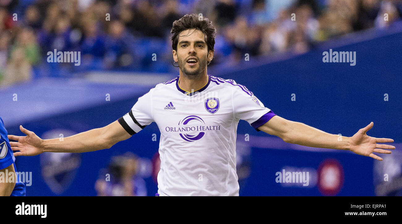 Mar 28, 2015 : Orlando City FC midfielder Kaka #10 celebrates his goal during a MLS game between the Orlando City FC and the Montreal Impact at the Montreal Olympic Stadium in Montreal, Quebec, Canada. The Montreal Impact and the Orlando City FC tied the game 2-2. Philippe Bouchard/Cal Sport Media Stock Photo