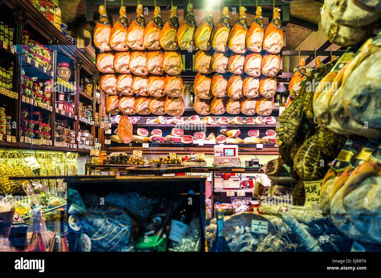 Parma, a typical ham and salted pork shop in the old city center Stock Photo