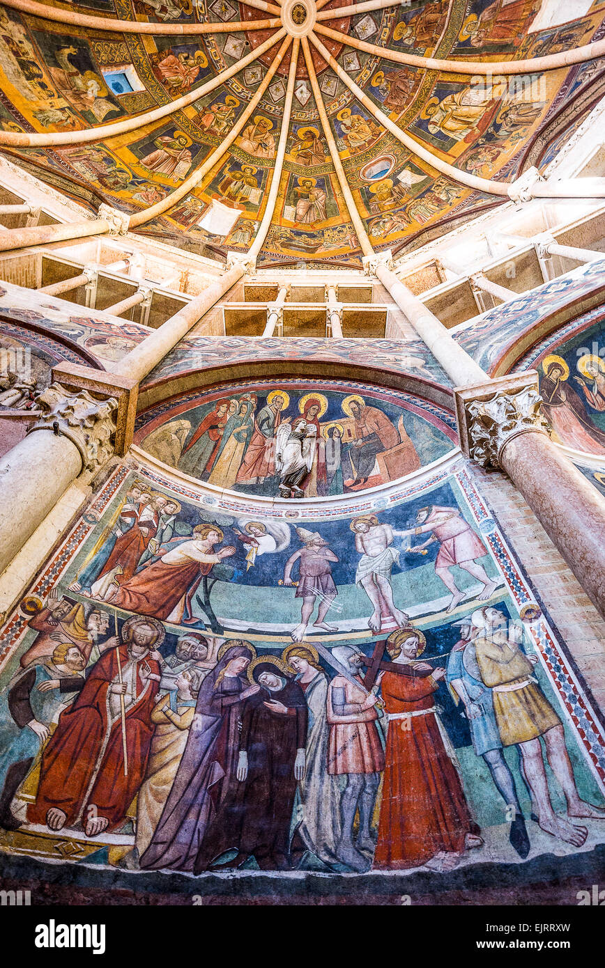 Parma, frescoes paintings and sculpture in the baptistery of the basilica cathedral Stock Photo