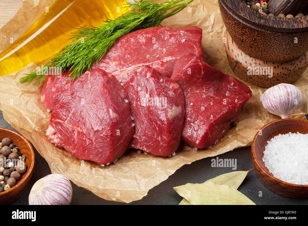 Raw fillet beef steak and spices closeup Stock Photo