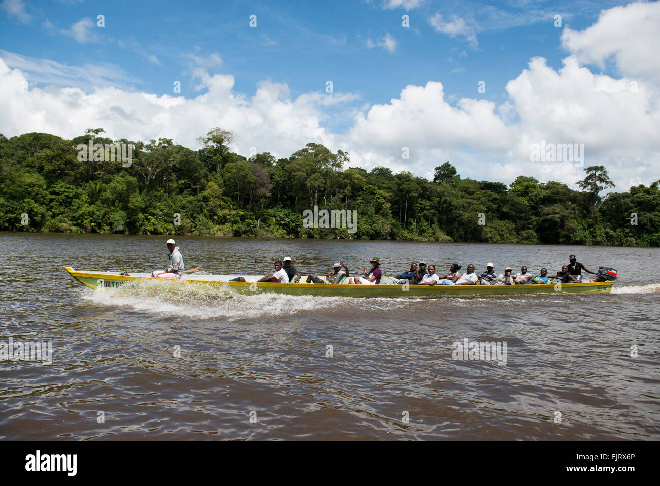 Transport boat on the Upper Suriname River, Suriname Stock Photo