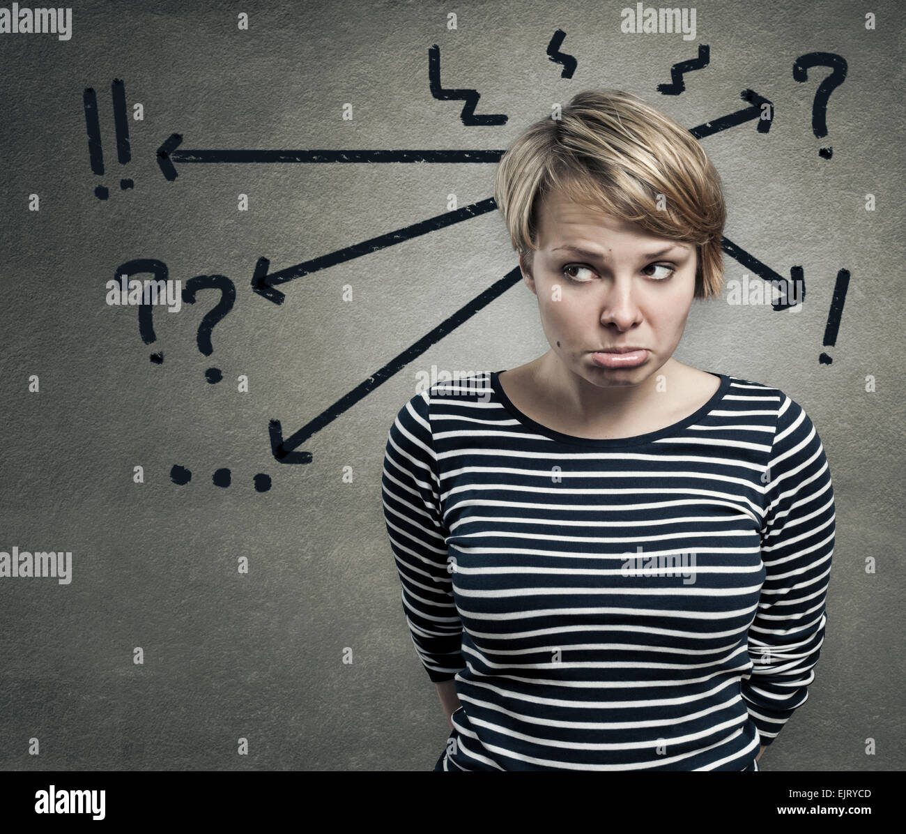 Illustration of a young woman in doubt, confusion concept Stock Photo