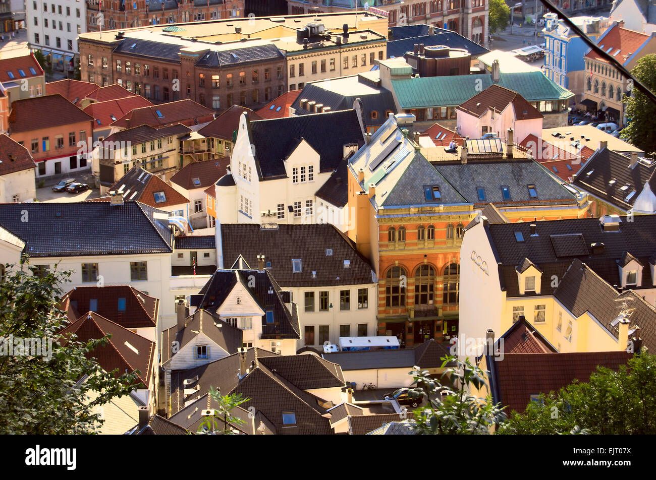 Picture of Aerial view of Bergen downtown, Norway. Living quarters, hotels and ...