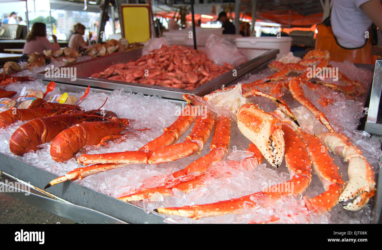Closeup of delicious lobsters, crabs and king crabs in Bergen fish