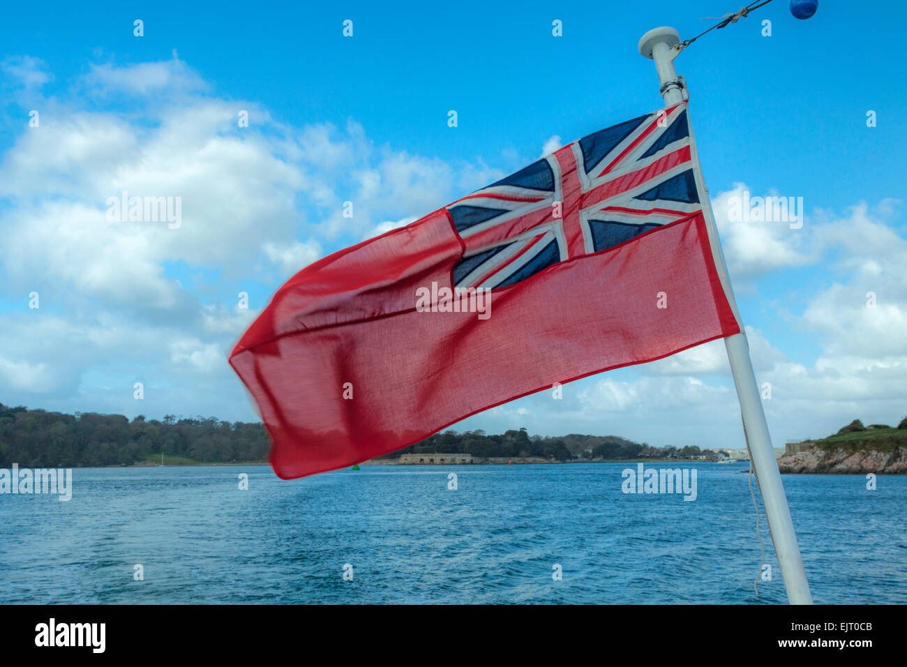 Union Jack blowing in the wind on Plymouth Sound, Devon, England, Great Britain, United Kingdom. Stock Photo