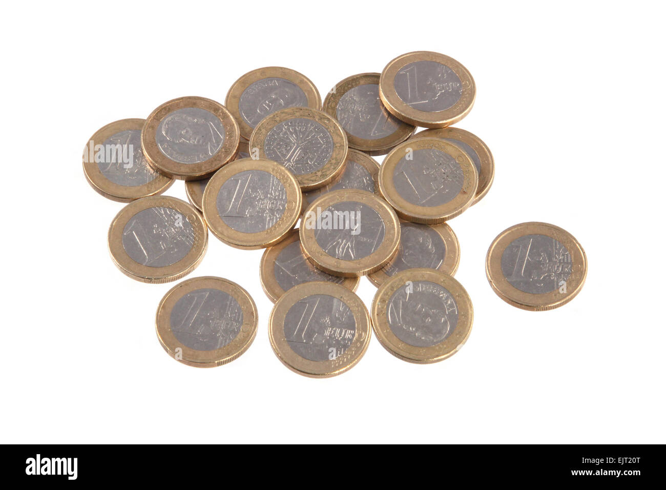 Close up photo Euro coins on a plain white background. Stock Photo