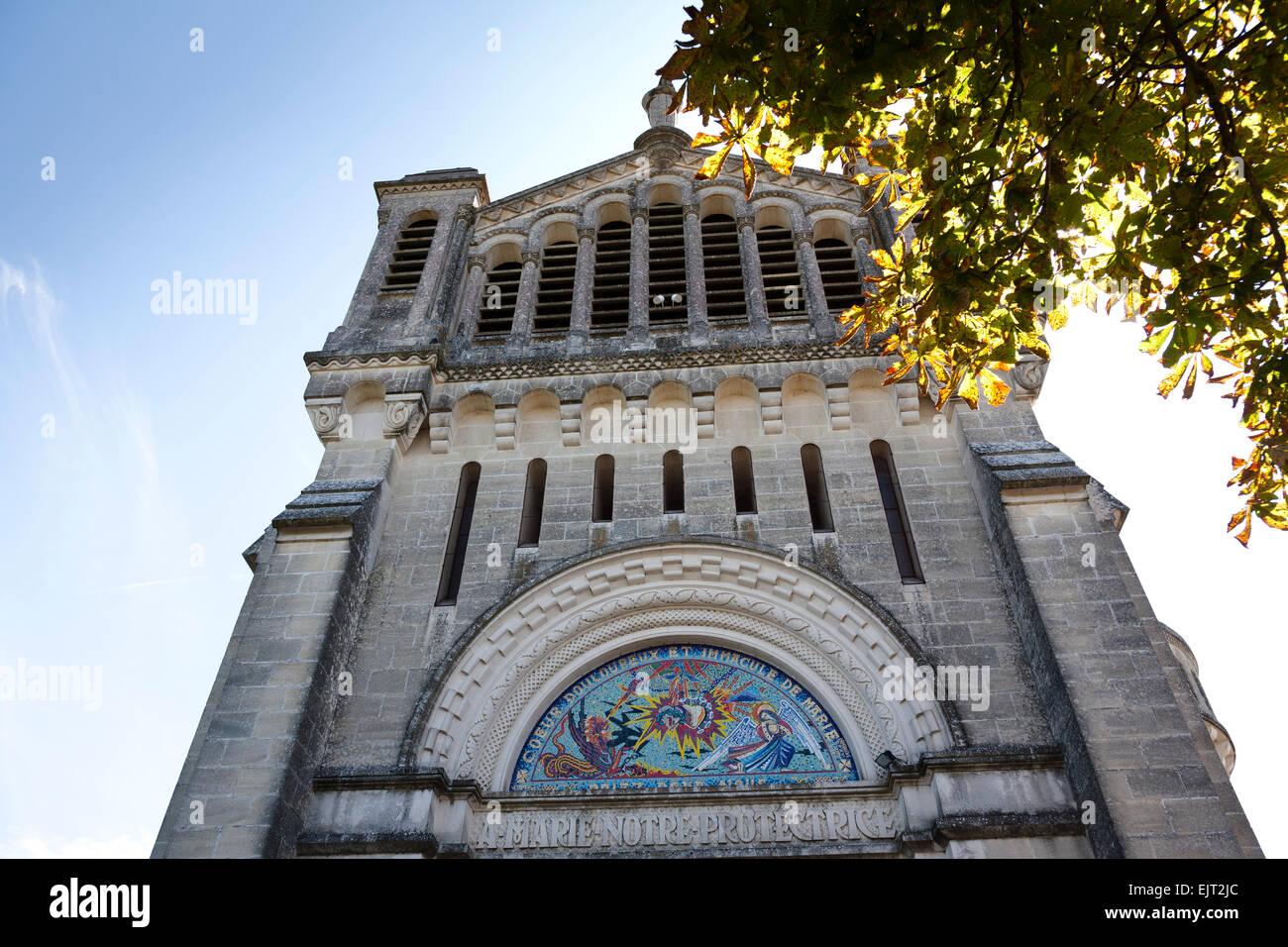 Front facade of the basilica of Notre-Dame du Peyragude, Penne d'Agenais, France. Stock Photo