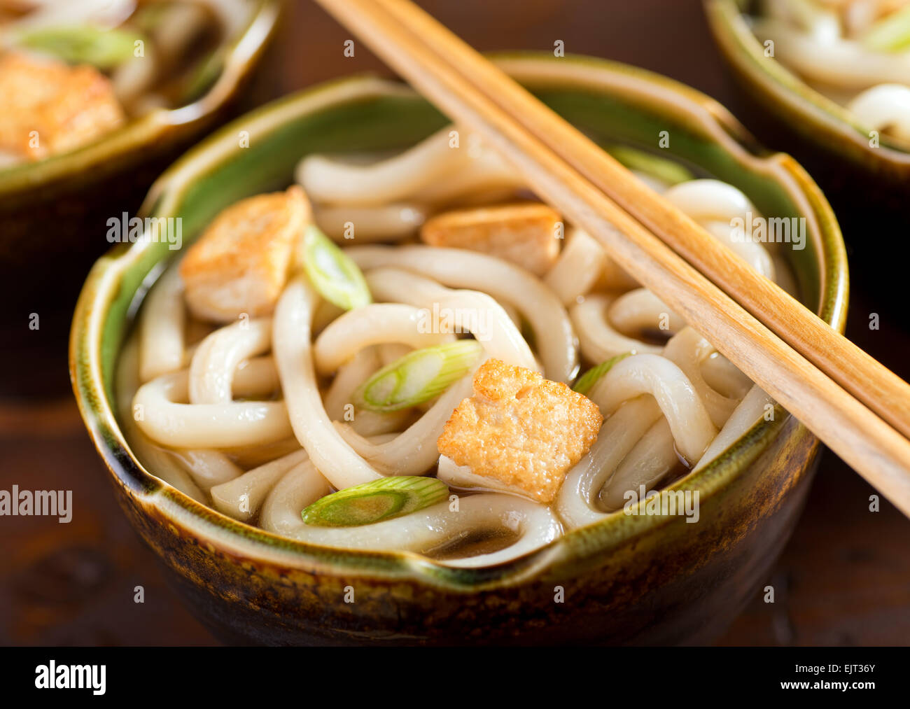 A delicious udon noodle bowl with tofu and green onion. Stock Photo