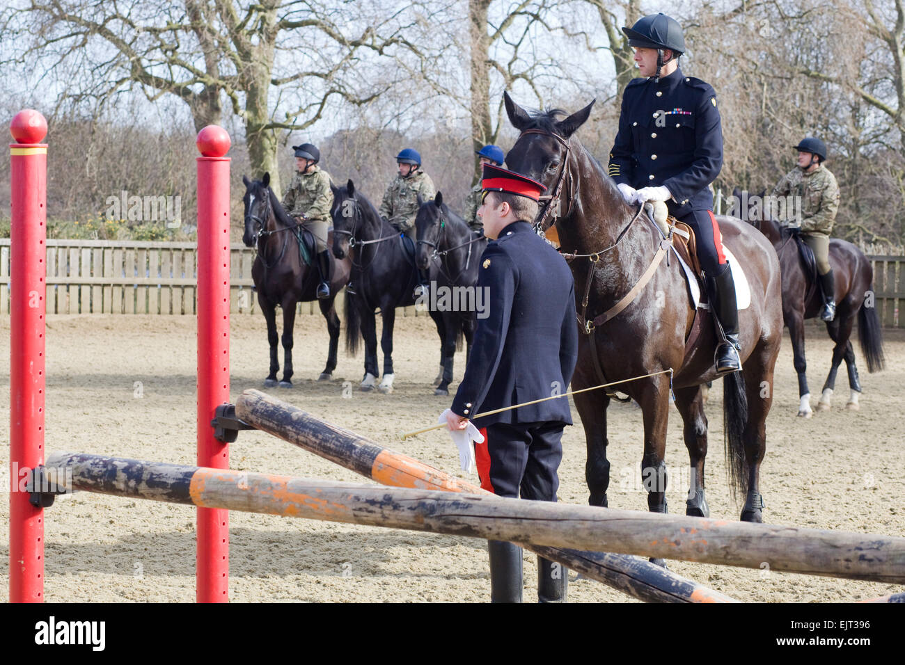 Soldiers on Horseback at the Household cavalry training ground Stock Photo