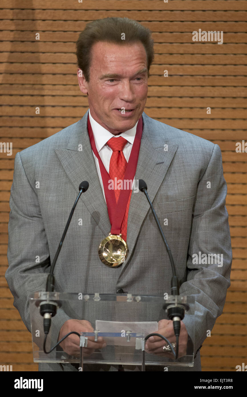 Arnold Schwarzenegger receives a medal honouring him as Tourism Ambassador for Madrid, for his contribution to the promotion of the city Featuring: Arnold Schwarzenegger Where: Madrid, Spain When: 26 Sep 2014 Stock Photo