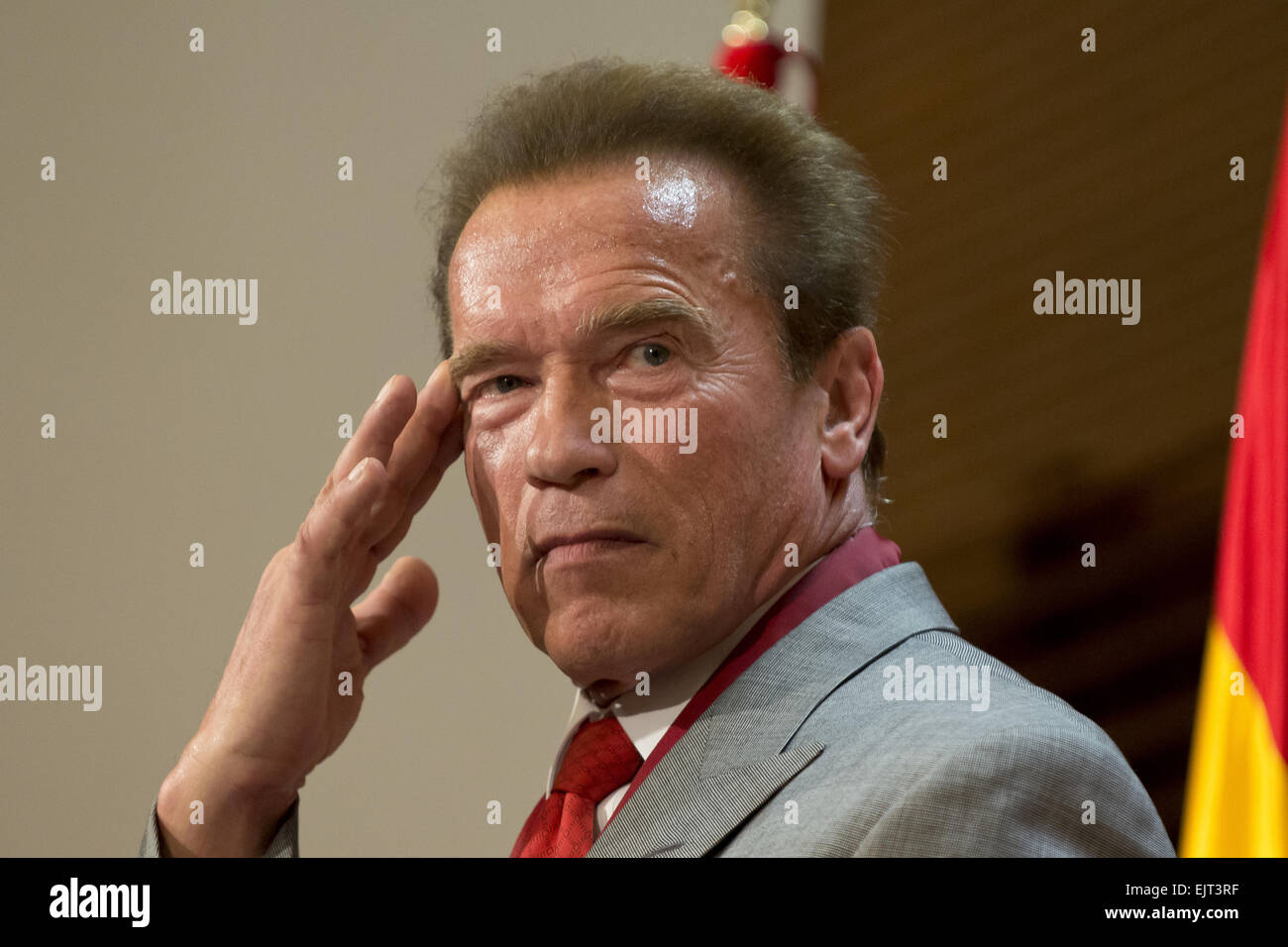 Arnold Schwarzenegger receives a medal honouring him as Tourism Ambassador for Madrid, for his contribution to the promotion of the city Featuring: Arnold Schwarzenegger Where: Madrid, Spain When: 26 Sep 2014 Stock Photo