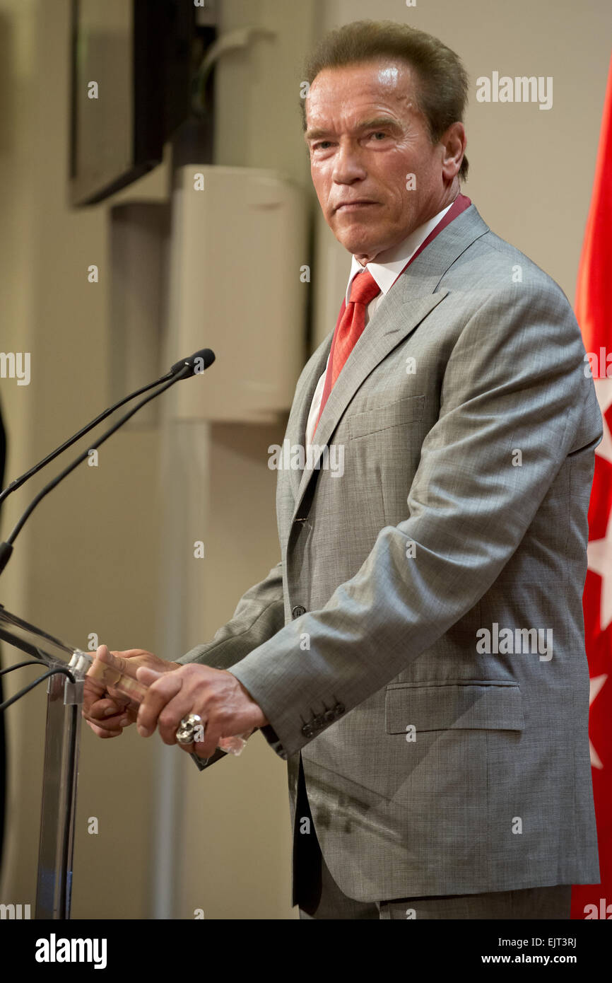 Arnold Schwarzenegger receives a medal honouring him as Tourism Ambassador for Madrid, for his contribution to the promotion of the city Featuring: Arnold Schwarzenegger Where: Madrid, Spain When: 26 Sep 2014 Stock Photo