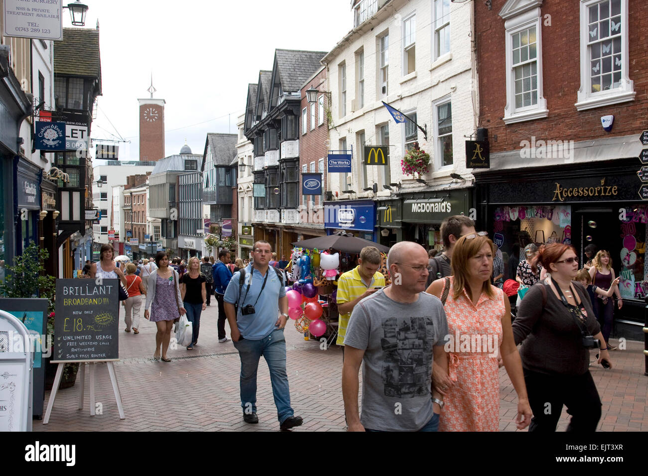 Crowds of people on Pride Hill, one of the main shopping streets in the centre of Shrewsbury, Shropshire, UK. 2014. Stock Photo