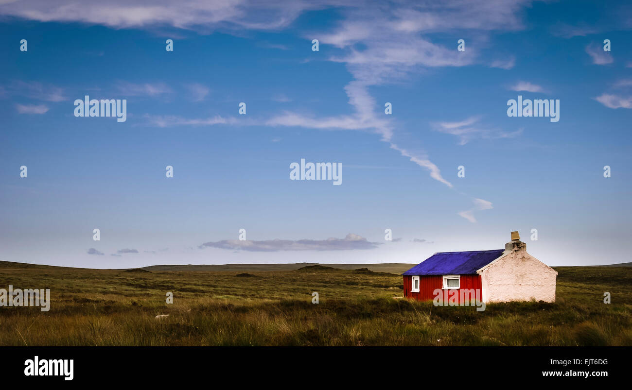 Remote brightly coloured peat cutter's shelter, Isle Of Lewis, Outer