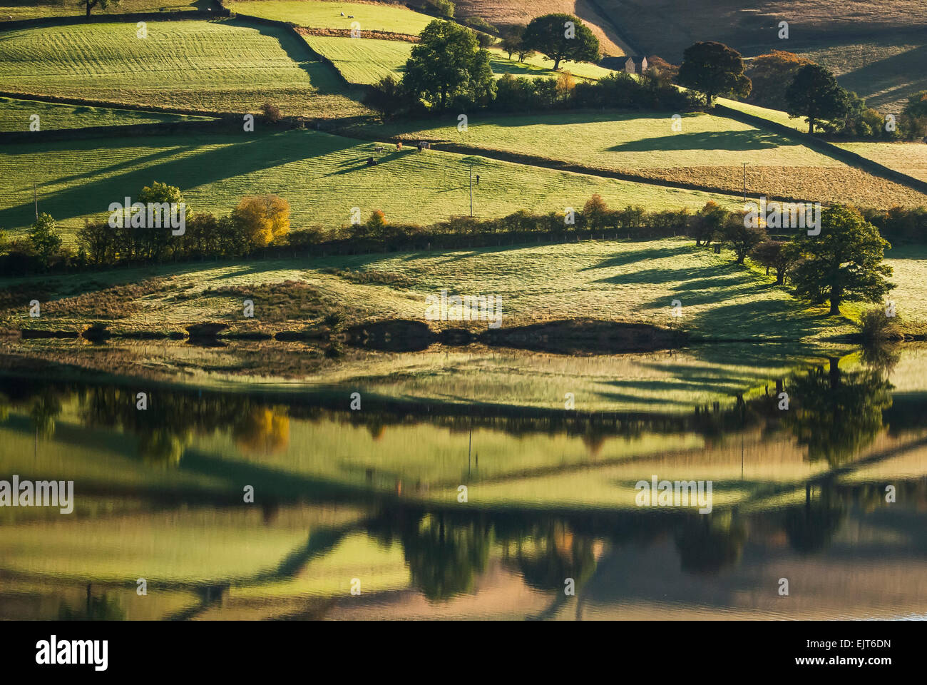 Symmetrical autumn reflection in the Peak District National Park, Derbyshire Stock Photo