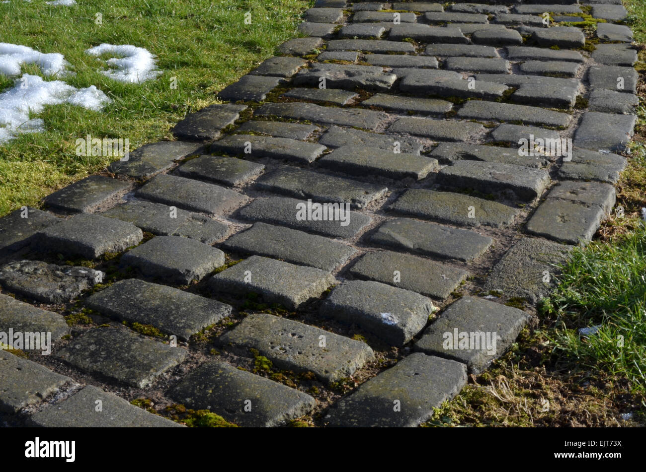 Cobbled pathway at the locks on the Forth & Clyde to give purchase to the lock keepers feet when they swing open the large gates Stock Photo