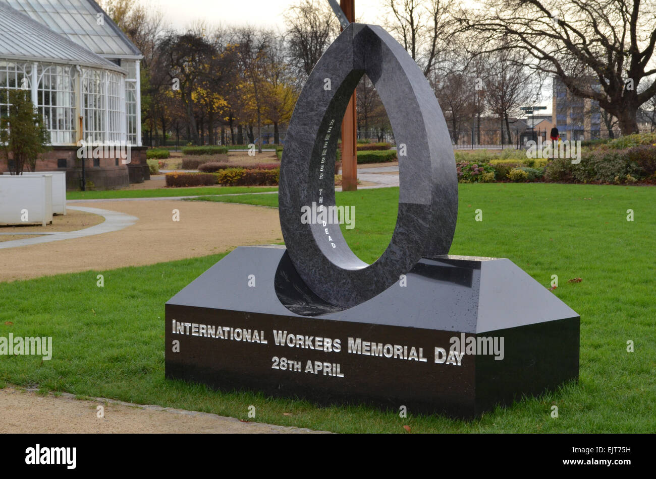 International Workers Memorial Day sculpture located beside the Peoples Palace in Glasgow green Stock Photo