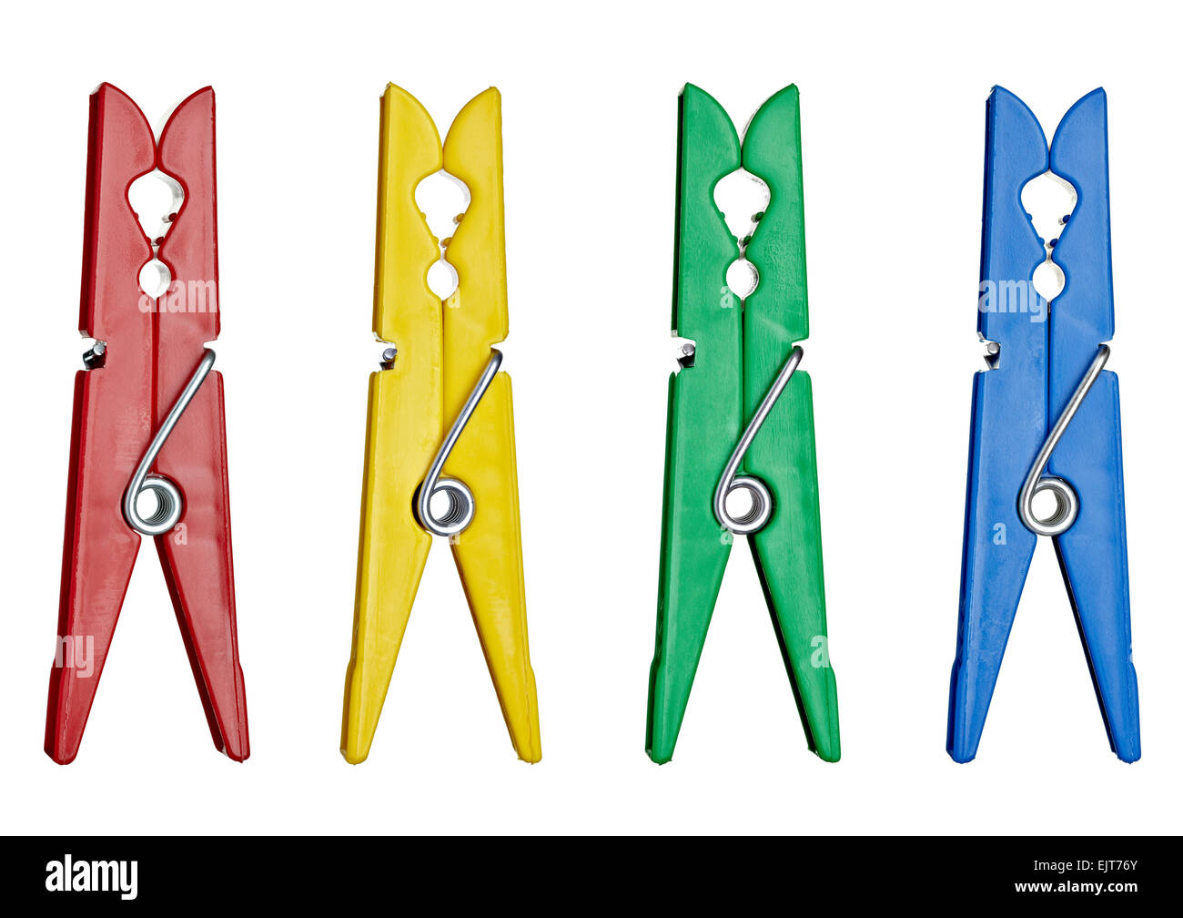 collection of various clothes pegs on white background. each one is shot separately Stock Photo